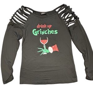 Drink up Grinches strappy cold shoulder cutout festive Christmas party fun top S